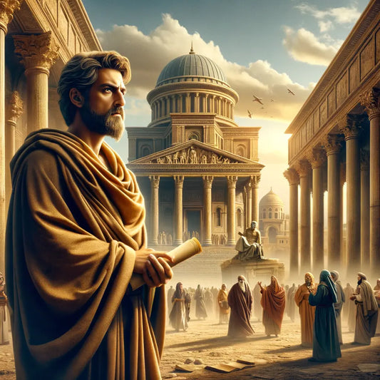 Marcus Aurelius as a stoic philosopher, standing amid ancient Rome's grandeur with the Roman Forum in the background, inspired by 1960s historical film aesthetics.