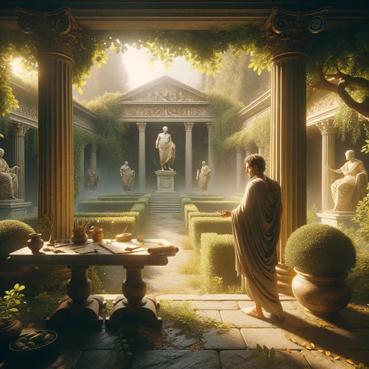 A Roman philosopher stands in a serene garden, symbolizing philosophical growth, surrounded by resilient plants, under warm daylight in a style inspired by 1960s historical films.