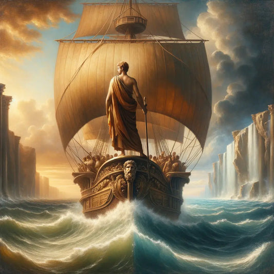 Jeff Bezos depicted as a Stoic leader on a Roman ship, facing a turbulent sea and calm sky, symbolizing leadership and peace, in a classic historical epic style.