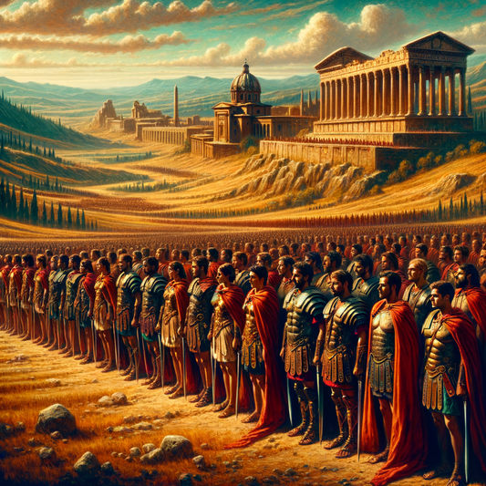 Roman legionaries in formation on ancient soil with a backdrop of expansive territory, styled like a classic 1960s historical film.