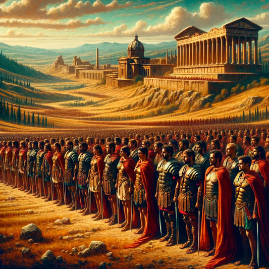 Roman legionaries in formation on ancient soil with a backdrop of expansive territory, styled like a classic 1960s historical film.