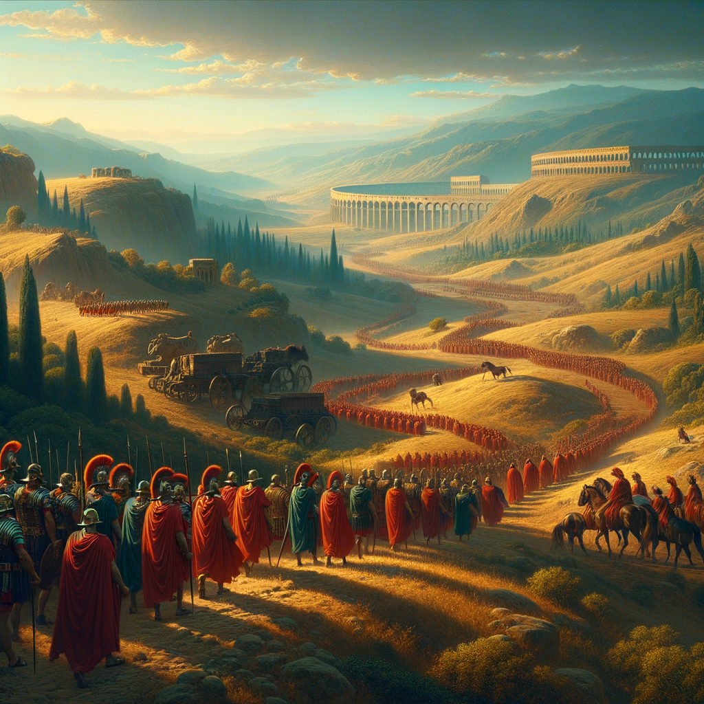 Roman legionaries marching across diverse landscapes, their red cloaks and armor reflecting their unity and endurance, styled after classic 1960s historical films.