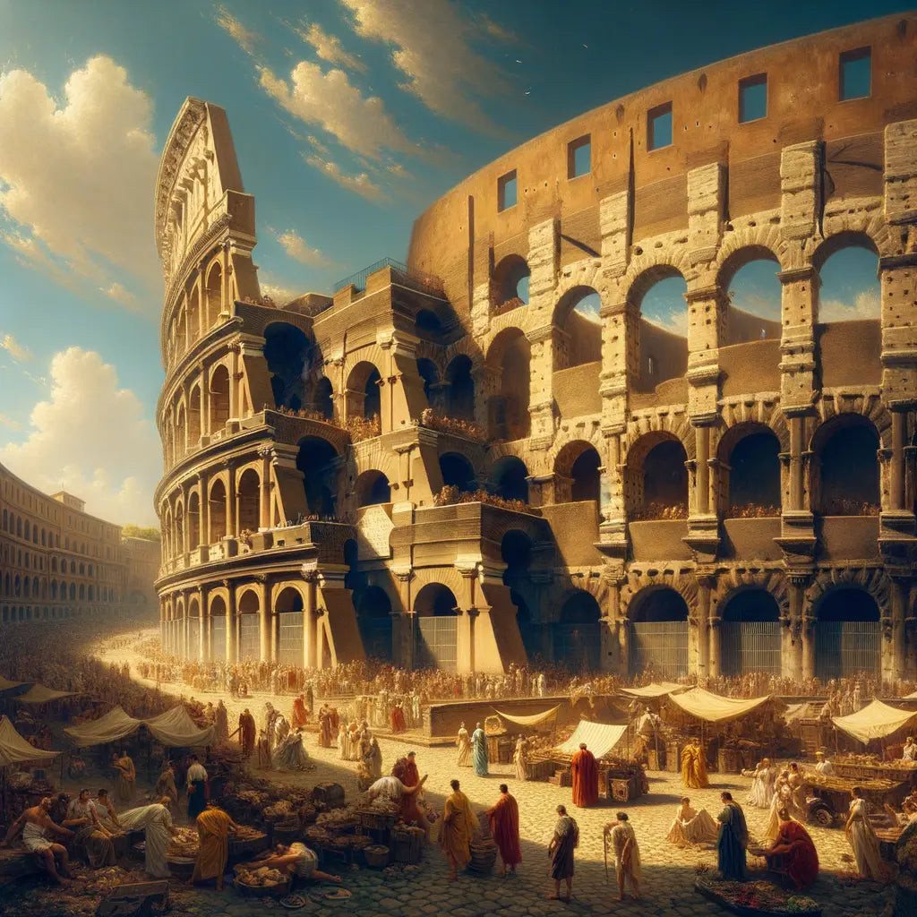 Panoramic view of the Roman Colosseum with Roman soldiers and civilians, inspired by classic historical films of the 1960s.