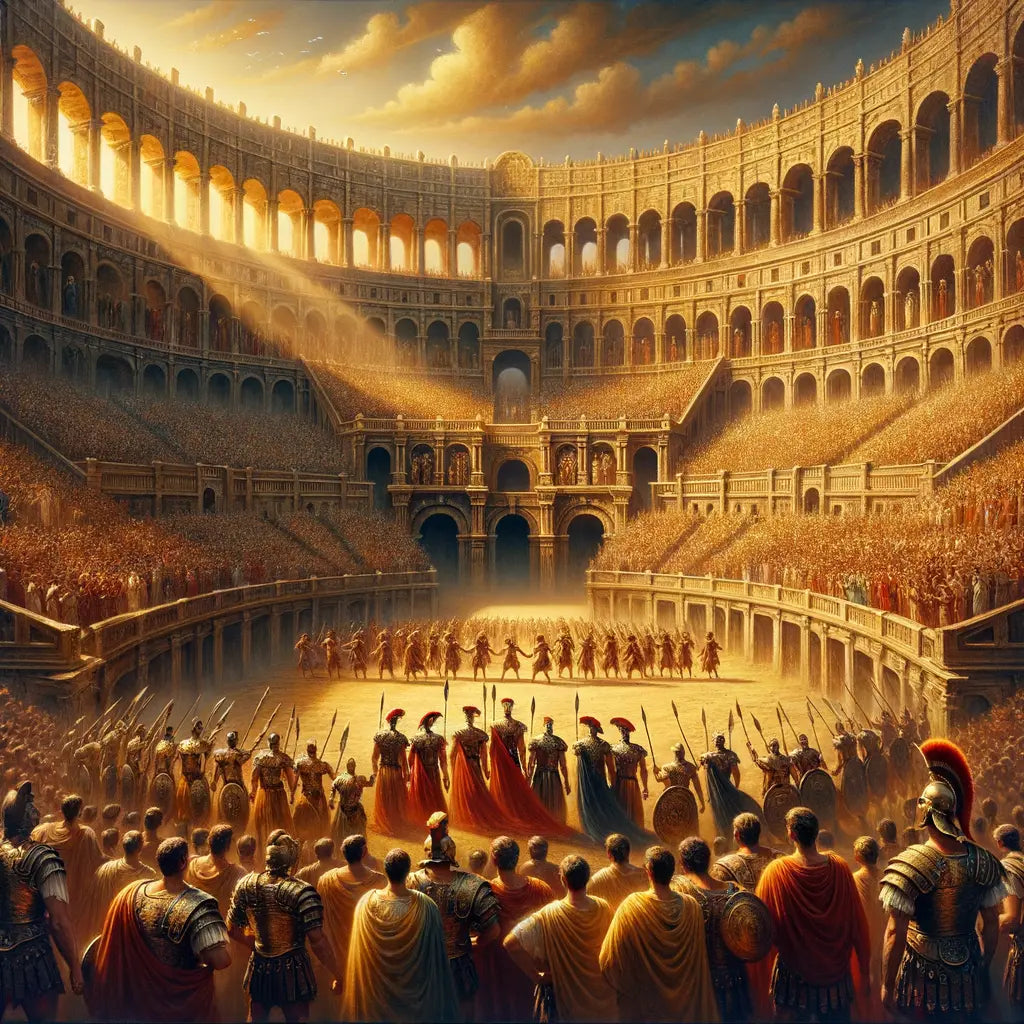 Ancient Roman amphitheater filled with spectators watching gladiators in the arena, inspired by classic 1960s historical film style.
