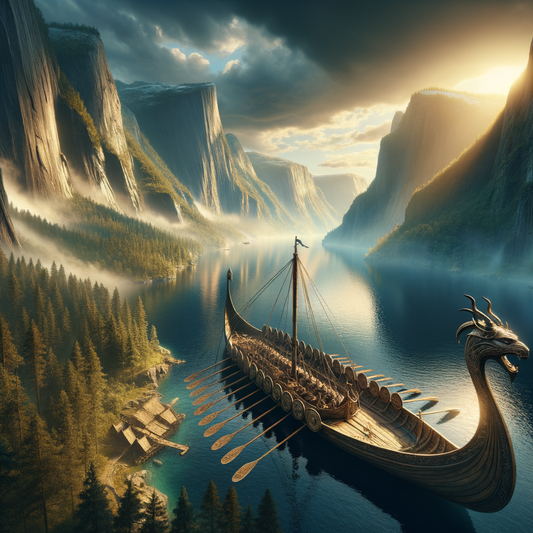 A majestic Viking longship with a dragon-headed prow on a Scandinavian fjord, embodying craftsmanship and readiness for adventure.