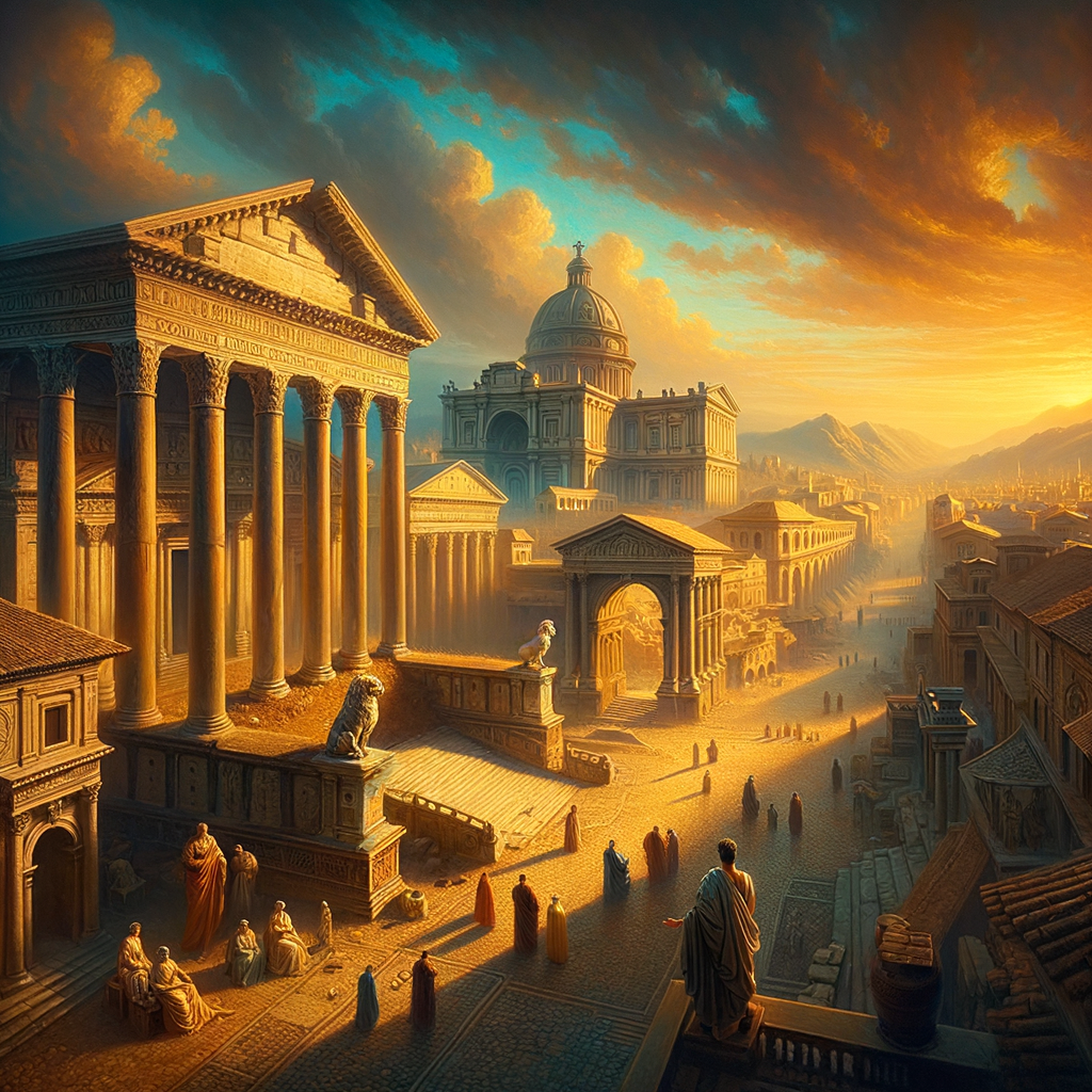 Cinematic painting of ancient Rome at sunrise, showcasing the Forum's architecture with toga-clad figures, inspired by 1960s historical epics.