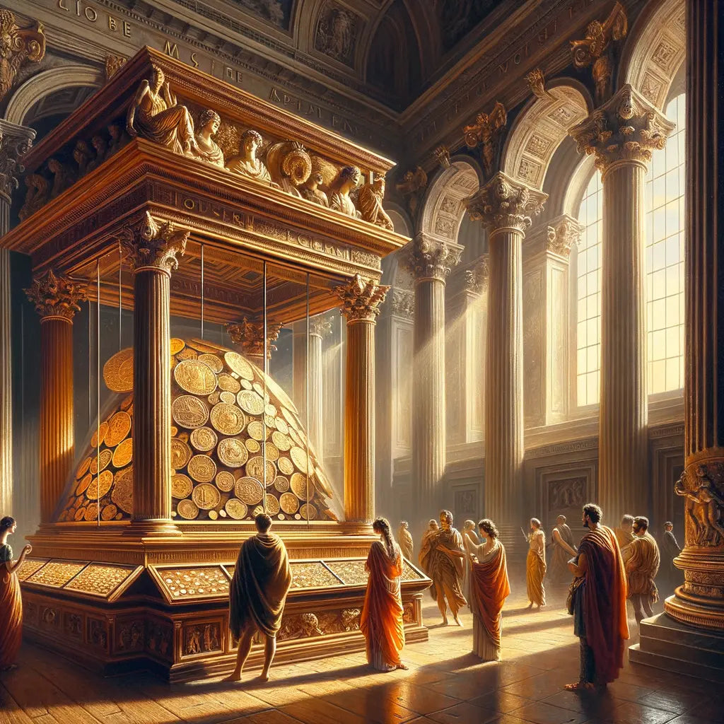 A museum exhibit displaying ancient Roman coins under marble columns, with visitors admiring the display in a warm, cinematic style inspired by 1960s historical films.