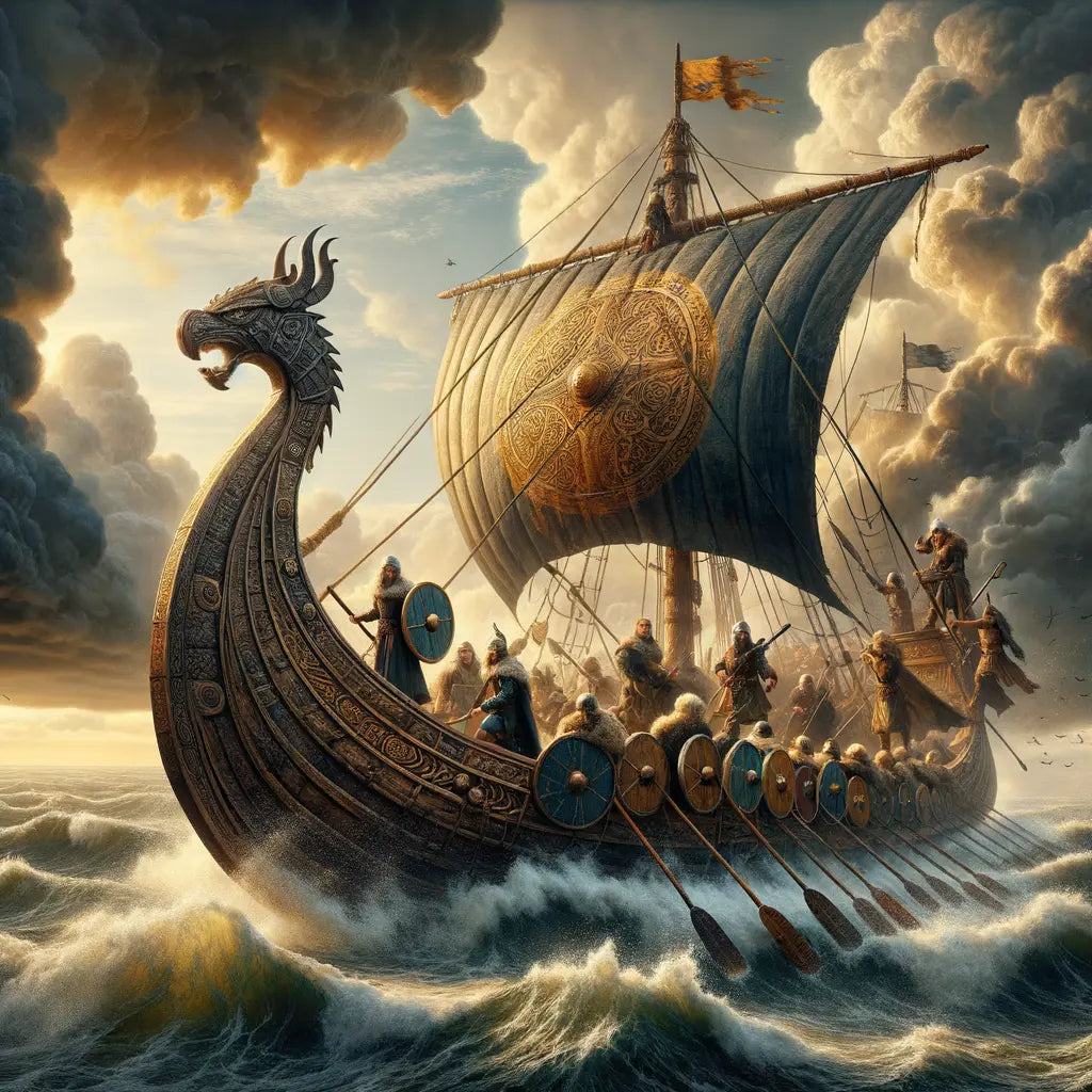 Norse longship with dragon prow and warriors on the ocean, styled like a 1960s historical epic film.