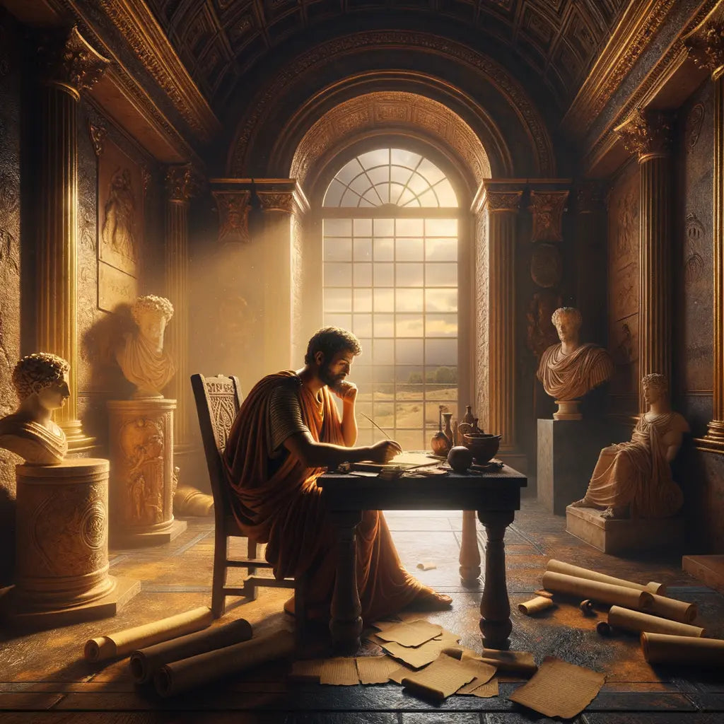 Marcus Aurelius studying Stoic philosophy with scrolls in a Roman study, reminiscent of 1960s historical films.