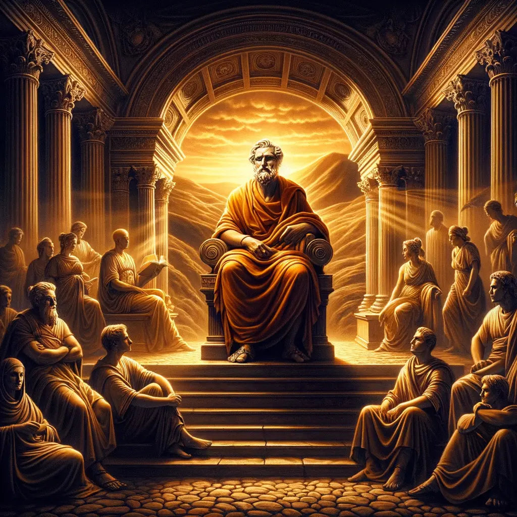 Marcus Aurelius in deep thought amidst Roman architectural splendor, inspired by 1960s historical epic films.