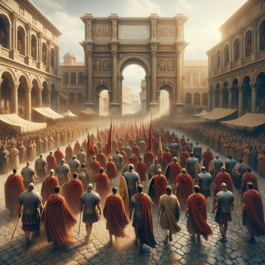 Roman soldiers in full armor, marching through a bustling ancient street, carrying shields and banners, amidst grand Roman architecture, inspired by 1960s historical film epics.