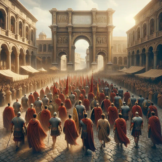 Roman soldiers in full armor, marching through a bustling ancient street, carrying shields and banners, amidst grand Roman architecture, inspired by 1960s historical film epics.