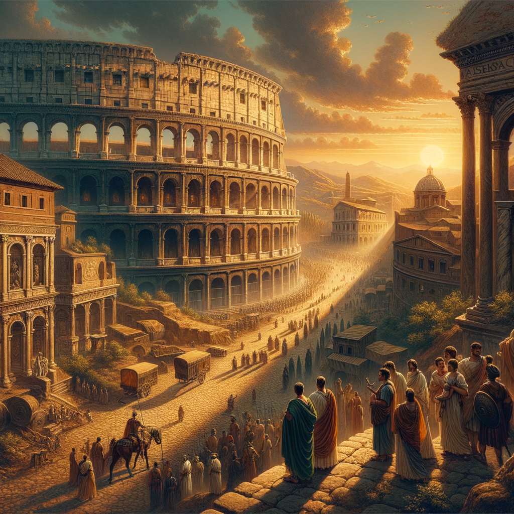 Panoramic sunset view of the Colosseum in ancient Rome, encircled by historical structures and lit by golden sunbeams, reminiscent of 1960s historical epic films.