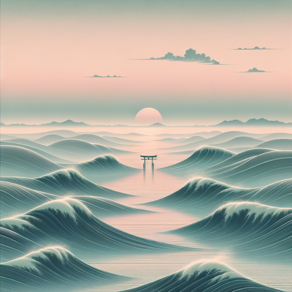 Ein ruhiger japanischer Ozean bei Sonnenaufgang mit sanften Wellen und einem Torii-Tor am Horizont, das tiefsinnige Reisen symbolisiert — minimalistisch und inspirierend.