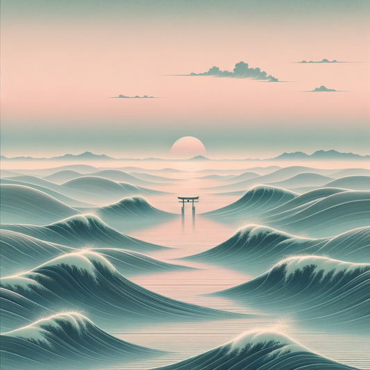 Ein ruhiger japanischer Ozean bei Sonnenaufgang mit sanften Wellen und einem Torii-Tor am Horizont, das tiefsinnige Reisen symbolisiert — minimalistisch und inspirierend.