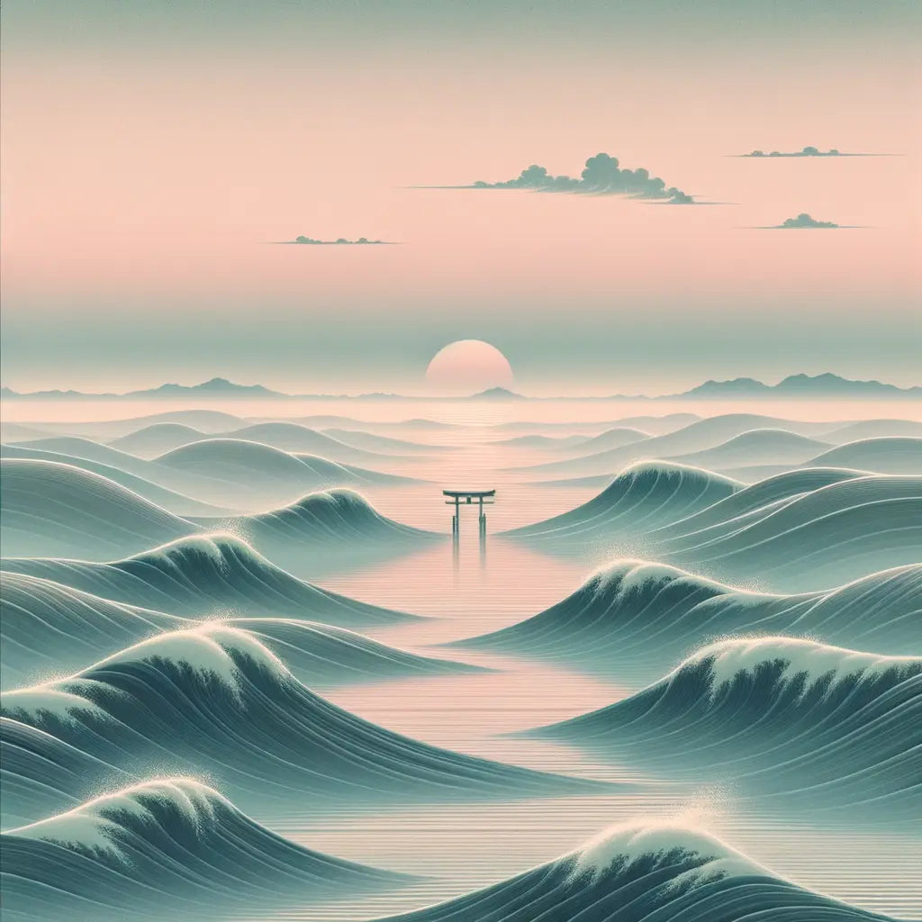 Ein ruhiger japanischer Ozean bei Sonnenaufgang mit sanften Wellen und einem Torii-Tor am Horizont, das tiefsinnige Reisen symbolisiert — minimalistisch und inspirierend.