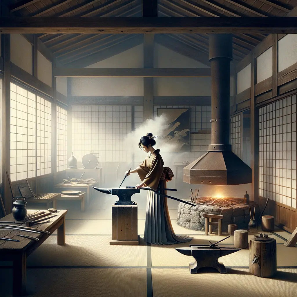 Ein traditioneller japanischer Handwerker bei der sorgfältigen Herstellung eines Katanas in einer traditionellen Werkstatt, mit Bambus und Tatami umgeben. Minimalistisch und harmonisch.