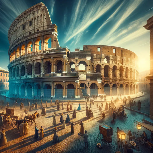 Scenic view of the Colosseum under a bright sky with tourists capturing memories, blending historic marvel with modern admiration.