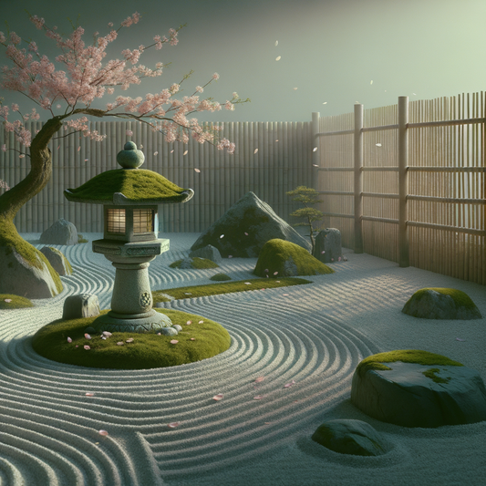 Ein minimalistischer japanischer Zen-Garten mit einer moosbedeckten Steinlaterne als Mittelpunkt bei Morgendämmerung, umgeben von dezent fallenden Kirschblütenblättern.