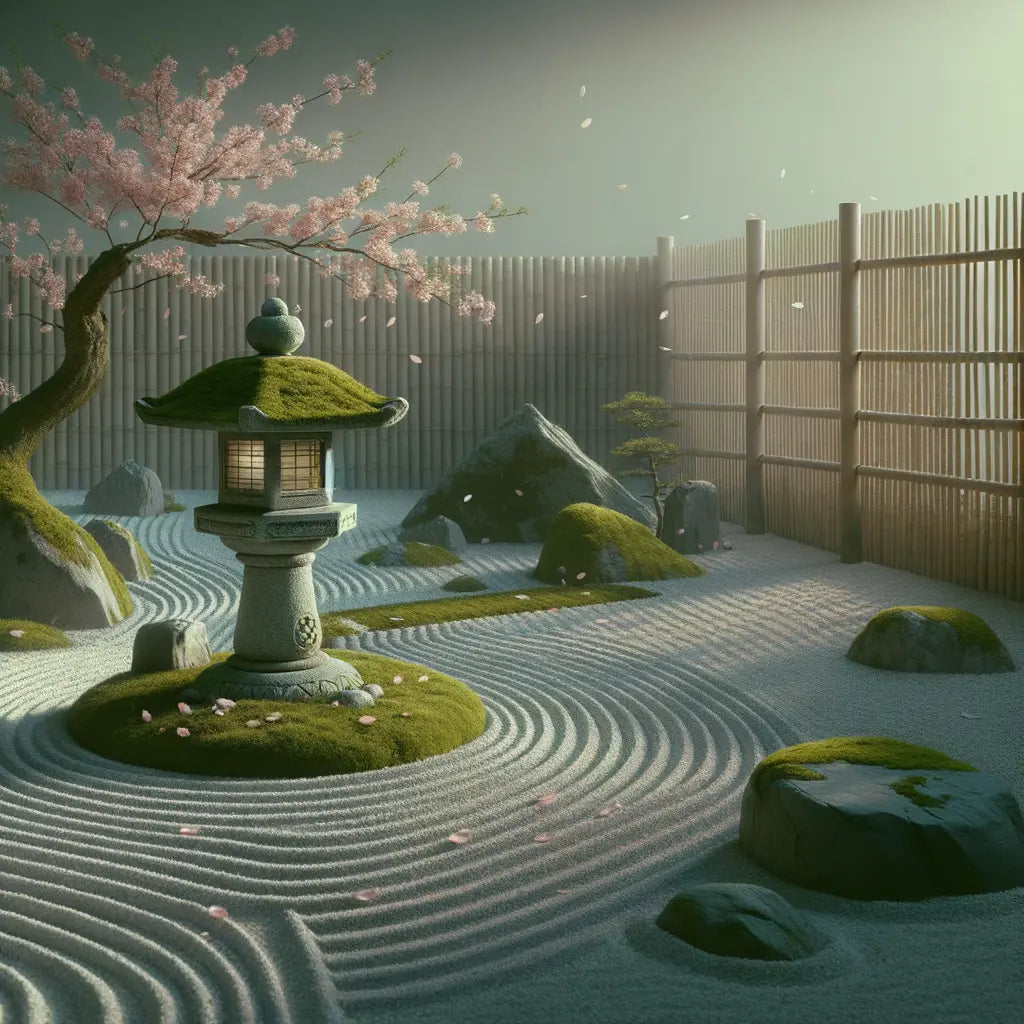 Ein minimalistischer japanischer Zen-Garten mit einer moosbedeckten Steinlaterne als Mittelpunkt bei Morgendämmerung, umgeben von dezent fallenden Kirschblütenblättern.