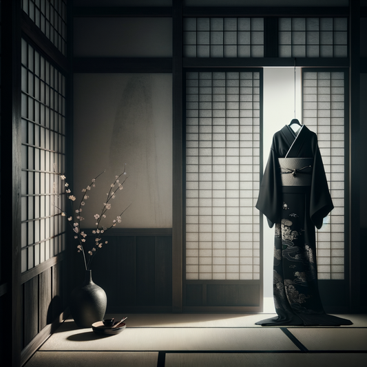 Ein minimalistisches japanisches Interieur mit einem schwarzen Kimono an einer traditionellen Schiebetür, sanft durchleuchtet von Shoji-Licht, mit zarten Swirl-Mustern, inspiriert von Naruto, und einem Vasenset mit Kirschblüten, das Ruhe ausstrahlt.