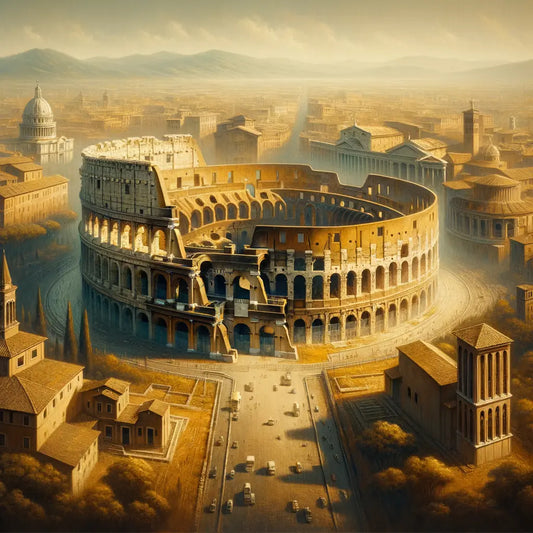 Aerial view of the Colosseum in Rome against the ancient city's landscape, inspired by 1960s historical film style.