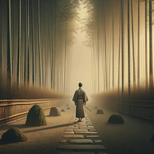 Ein junger Prinz in einem alten japanischen Bambuswald, der in einem eleganten Kimono auf einem Steinweg steht, mit morgendlichem Licht und ruhigem, kontemplativem Ambiente.