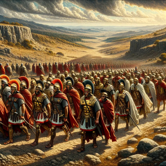 Roman soldiers in formation, marching through rugged terrain with enduring strength, portrayed in a style reminiscent of 1960s epic films.