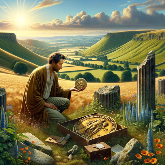 A person discovering a Roman coin in a European field, surrounded by ancient structures, in a scene inspired by 1960s historical epic films.
