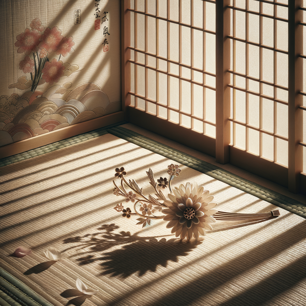 Eleganter traditioneller japanischer Schmuck auf einer Tatami-Matte, mit einer kanzashi Haarnadel und zarten Kirschblütenmotiven — minimalistisch, ruhig, und kulturell inspiriert.