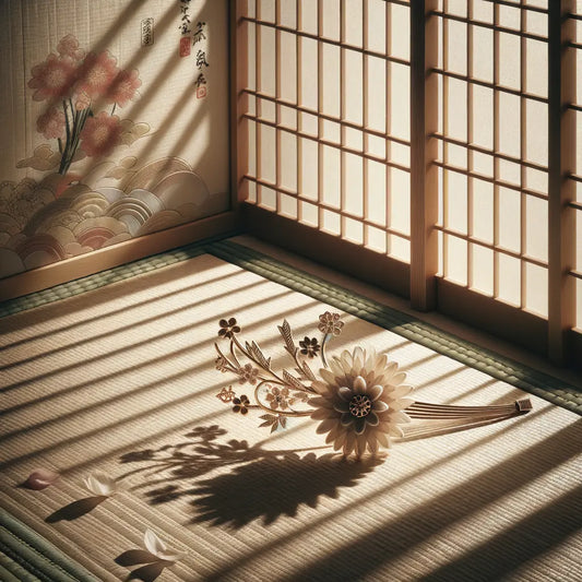 Eleganter traditioneller japanischer Schmuck auf einer Tatami-Matte, mit einer kanzashi Haarnadel und zarten Kirschblütenmotiven — minimalistisch, ruhig, und kulturell inspiriert.