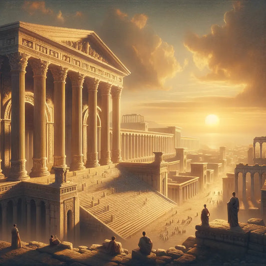 Cinematic view of ancient Roman columns and arches at sunset, symbolizing the empire's lasting influence, inspired by 1960s historical film style.