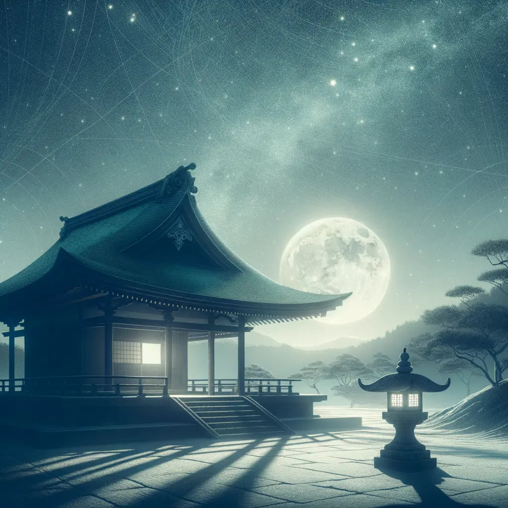 Ein minimalistisches Kunstwerk im traditionellen japanischen Stil, das einen ruhigen Shinto-Schrein bei Vollmond zeigt, mit einem Steinlaternen-Vordergrund und dezenten Sternmotiven — ruhig, mystisch und japanisch inspiriert.