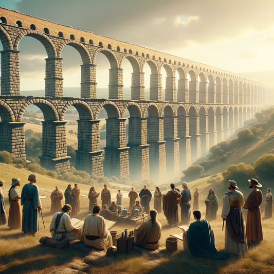 Roman aqueducts stretching across a countryside under a clear sky, showcasing ancient engineering, styled after 1960s historical epic films.