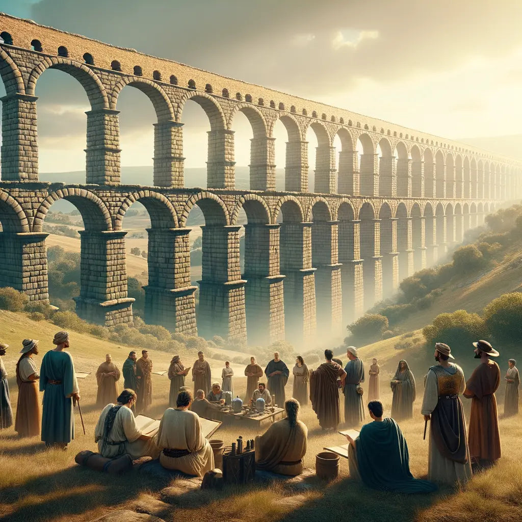 Roman aqueducts stretching across a countryside under a clear sky, showcasing ancient engineering, styled after 1960s historical epic films.
