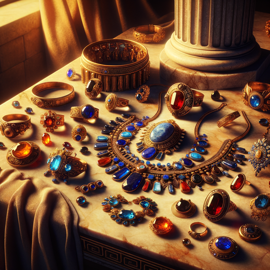Ancient Roman jewelry featuring lapis lazuli and garnets, symbolizing Stoic virtues of wisdom and courage, in a cinematic 1960s film style.