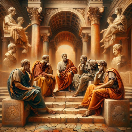 Key Stoic philosophers Seneca, Epictetus, and Marcus Aurelius in an ancient Roman setting with a modern digital twist, inspired by 1960s epic films.