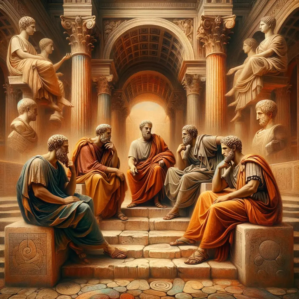 Key Stoic philosophers Seneca, Epictetus, and Marcus Aurelius in an ancient Roman setting with a modern digital twist, inspired by 1960s epic films.