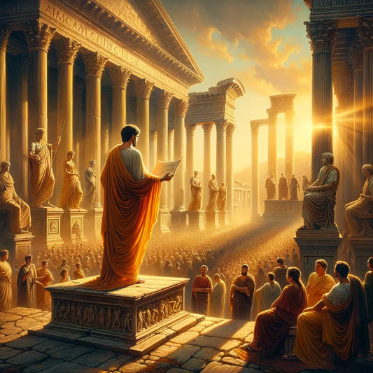 Ancient philosopher in a toga symbolizing wisdom and love, standing in a grand Roman forum, inspired by 1960s historical epic films.