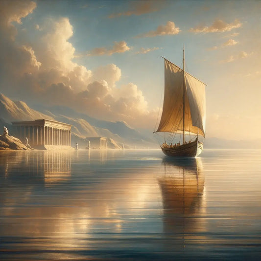 A lone Roman sailboat on calm waters under a clear sky, symbolizing a Stoic journey in the style of classic 1960s historical epics.