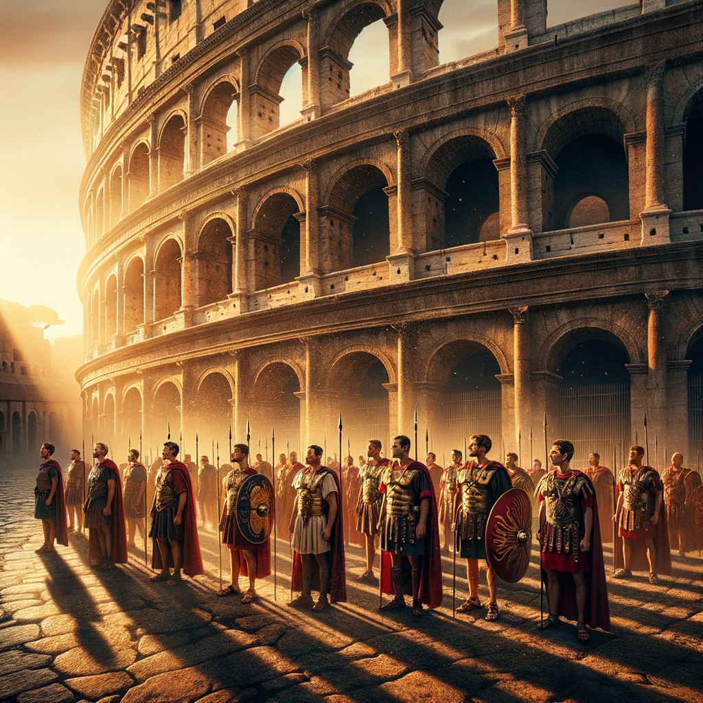 Roman soldiers in front of the Colosseum at sunset, with long shadows and varying heights, evoking the style of 1960s historical epic films.