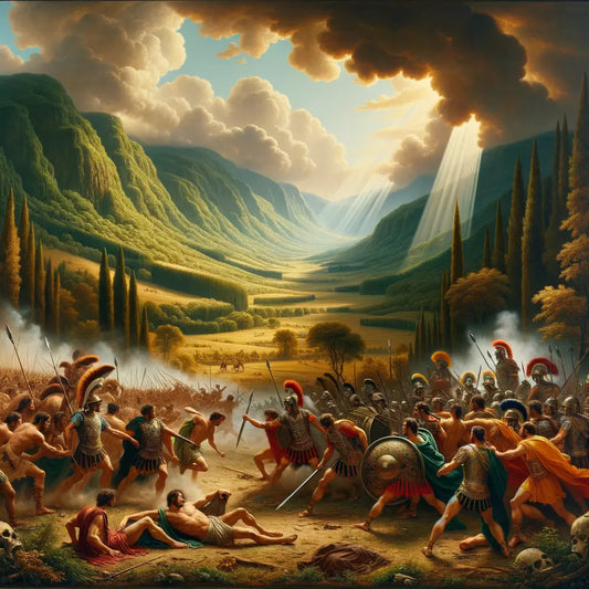 Gaul warriors in battle against Roman soldiers, set in ancient European landscape, inspired by 1960s historical epic films.