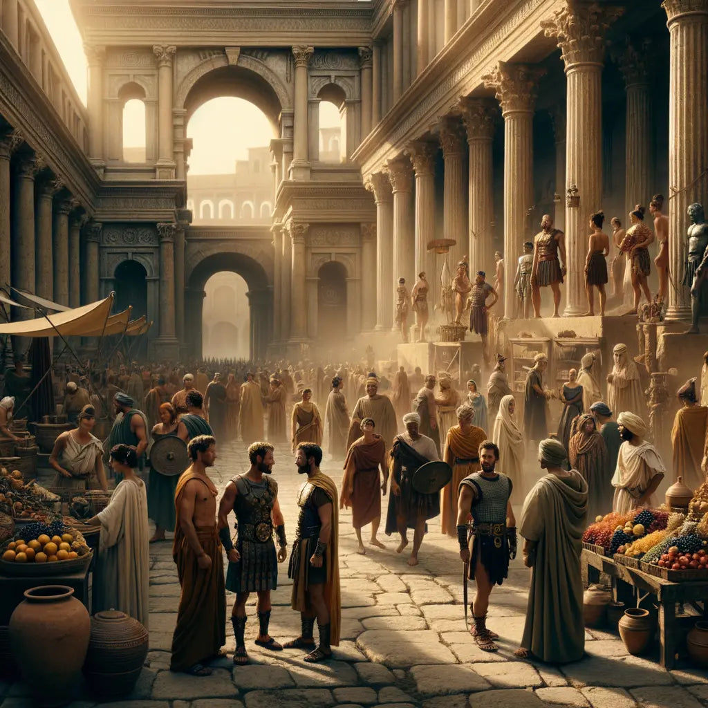 Bustling Ancient Roman street scene with merchants, gladiators, and majestic Roman architecture, capturing daily life in a 1960s historical epic style.