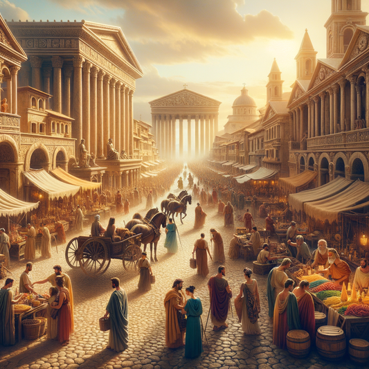 A lively ancient Roman city scene with bustling markets, racing chariots, and grand architecture, inspired by 1960s historical epic film style.