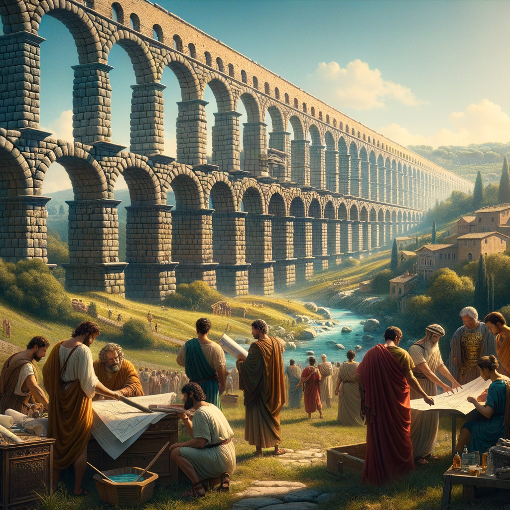 The Aqua Claudia aqueduct spans a lush Roman landscape, symbolizing the engineering marvel of water transport to Rome, in a style reminiscent of 1960s historical epics.