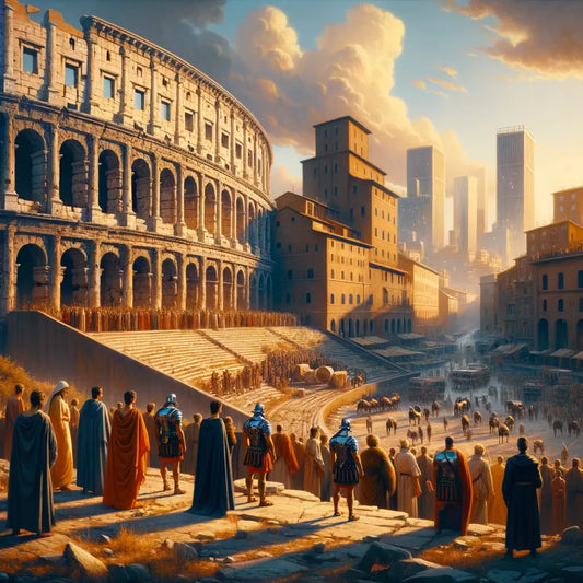 Ancient Circus Maximus ruins surrounded by modern Rome cityscape, depicting the contrast between historical grandeur and contemporary urban development.