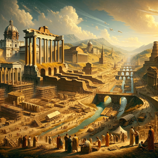 Ancient Rome under construction, with temples and aqueducts against the backdrop of the seven hills and Tiber River, in a style reminiscent of 1960s historical film epics.