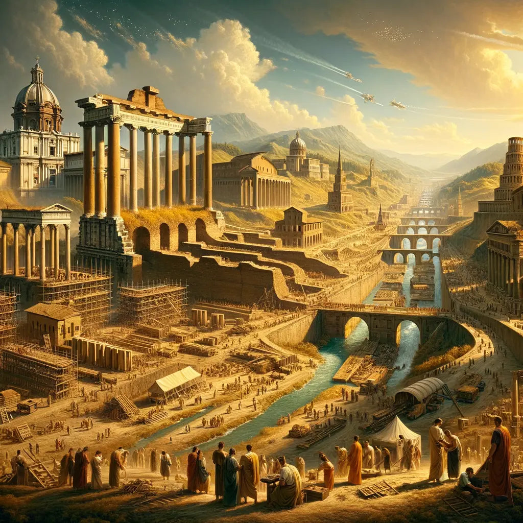 Ancient Rome under construction, with temples and aqueducts against the backdrop of the seven hills and Tiber River, in a style reminiscent of 1960s historical film epics.