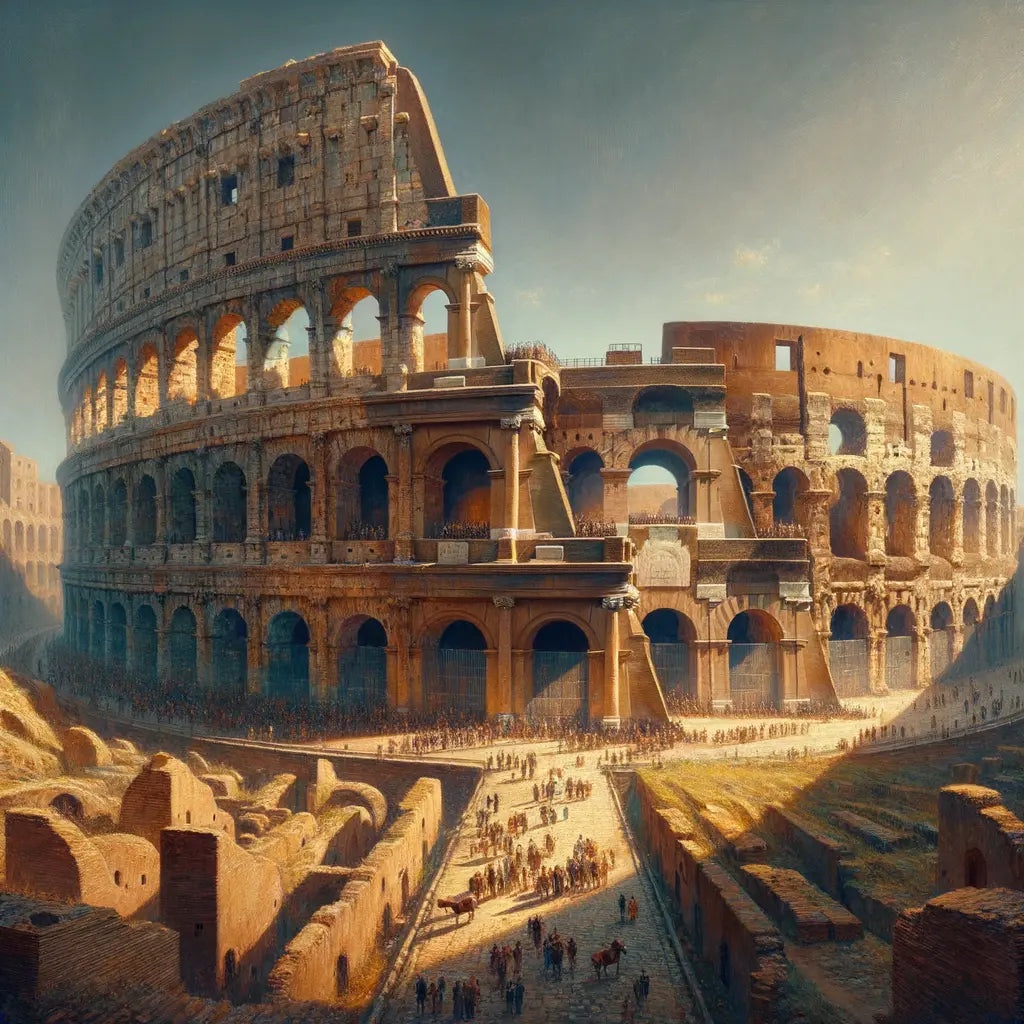 Panoramic view of the Roman Colosseum in partial ruin under a blue sky, with tourists around its arches, reminiscent of 1960s historical films.
