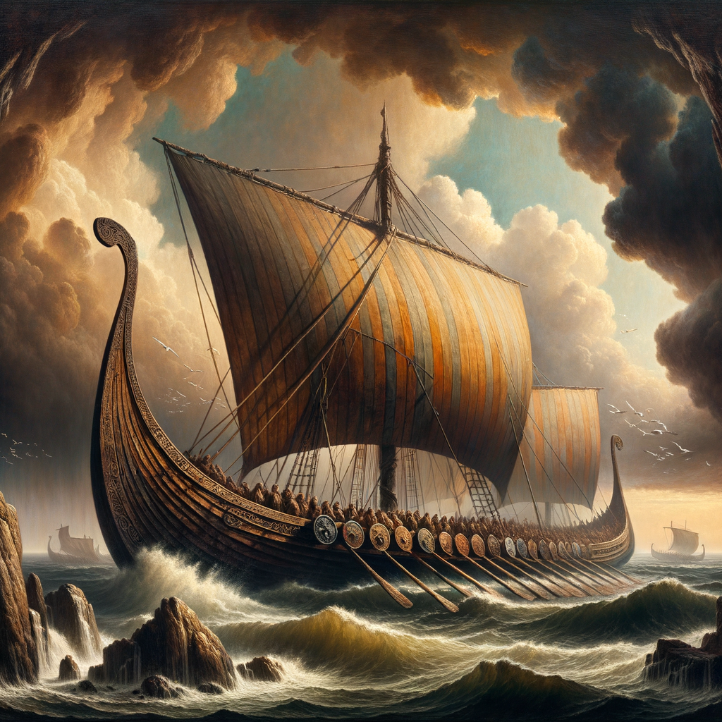 A Viking longship with detailed carvings and striped sails sailing on a misty sea under a dramatic cloudy sky, reminiscent of 1960s historical films.